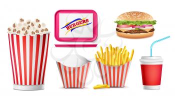 Fast Food Icons Set Vector. French Fries, Coffee, Hamburger, Cola, Tray Salver, Popcorn. Isolated On White Background Illustration
