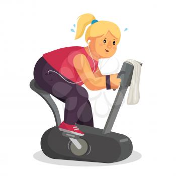 Woman In Gym Vector. Female Running On Treadmill. Exercise Bike. Fitness Girl Training. Woman Running On Treadmill. Isolated Flat Cartoon Character Illustration