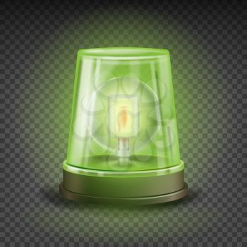 Green Flasher Siren Vector. Realistic Object. Light Effect. Rotation Beacon. Warning And Emergency Flashing Siren. Isolated On Transparent Background