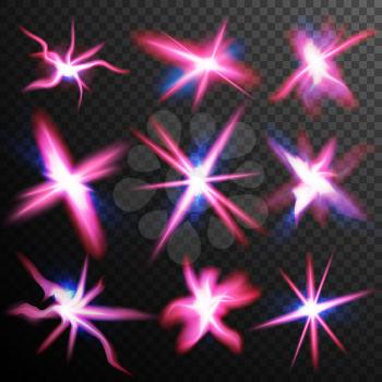 Red Stars Bursts Glow Light Effect Vector. Swirl Trail Effect. Neon Ray Streaks. Abstract Lens Flares. Design Element For Christmas Poster, Technology. Isolated On Transparent Background