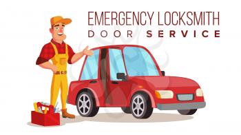 Locksmith Repairman Vector. Unlock The Door Service. Cartoon Character Illustration