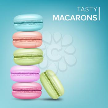 Colourful Macarons Vector. Tasty Sweet French Macaroons On Blue Background