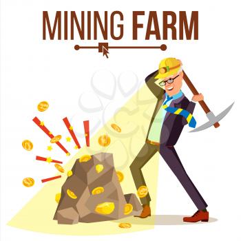 Mining Farm Vector. Businessman Miner. Cryptography Currency. Modern Industry. Server Database. Isolated Flat Cartoon Illustration