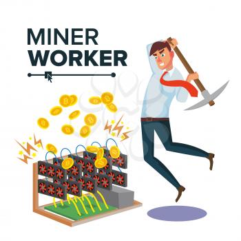 Miner Worker Man Vector. Cryptocurrency Mining Farm. Seeking Financial Success. Isolated Flat Cartoon Character Illustration