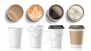 Coffee Cups Top View Vector. Plastic, Paper White Empty Fast Food Take Out Coffee Menu Mugs. Various Ocher Paper Cups. Breakfast Beverage. Realistic Illustration