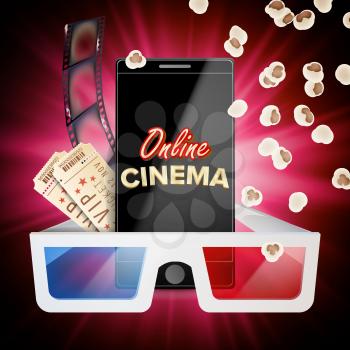 Online Cinema Vector. Banner With Mobile Phone. 3D Online Cinema Concept. Template For Web Cite, Ads, Poster. Flyer Or Poster. Film Industry. Illustration