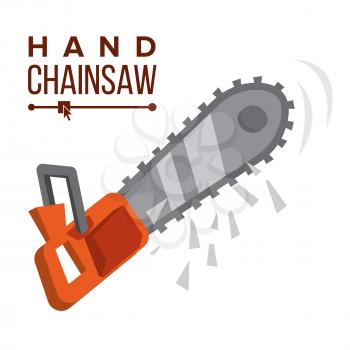 Hand Chainsaw Vector. Petrol Chain Saw. Professional Instrument, Working Tool. Isolated Flat Cartoon