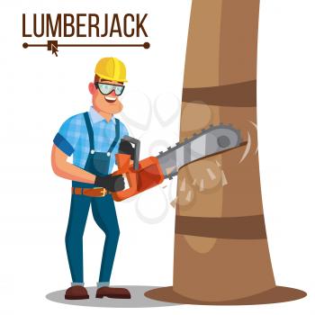 Lumberjack Vector. Classic Worker With Hand Chainsaw Tool. Deforestation Concept. Isolated Cartoon Flat Character Illustration