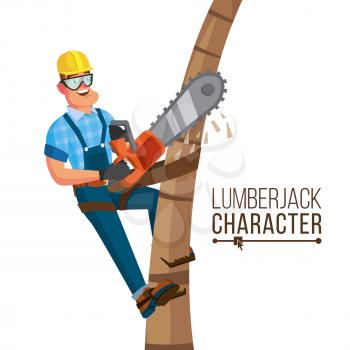 Lumberjack Vector. Classic Logger Man Working With Hand Chainsaw. Isolated Cartoon Flat Character Illustration