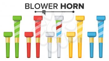 Blower Horn Vector. Red Party Blower Sign. Isolated Illustration