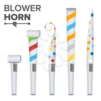 Party Horn Set Vector. Color Penny Whistle. Top View. Isolated
