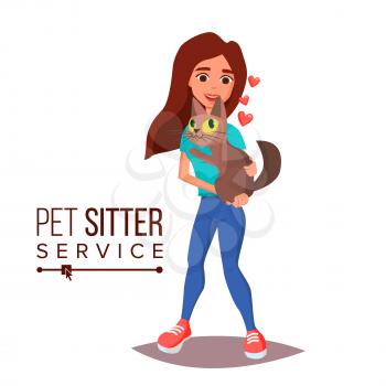 Cat Pet Sitter Vector. Cat Sitter Walking. Pet Taking A Rest. Cartoon Character Illustration
