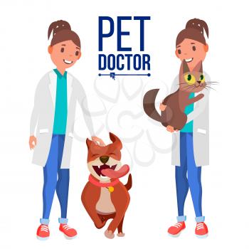 Veterinarian Female Vector. Dog And Cat. Medicine Hospital. Pet Doctor, Nurse. Health Care Clinic Concept. Isolated Flat Cartoon Illustration
