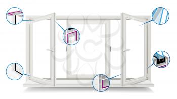Plastic Window Vector. Window Frame Structure. Open Plastic Glass Window. Isolated