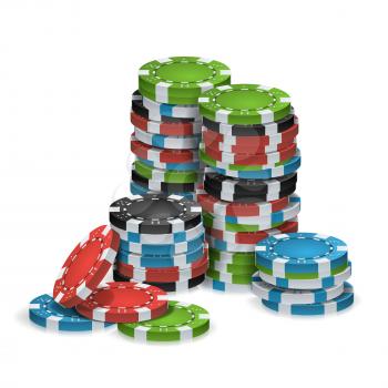 Gambling Poker Chips Stacks Vector. Realistic. Classic Colored Poker Chips Icon Isolated On White Illustration. For Online Casino, Gambling Club, Poker, Billboard.