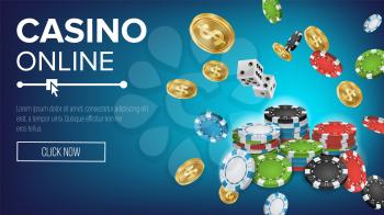 Online Casino Poster Vector. Poker Gambling Casino Sign. Bright Chips, Playing Dice, Dollar Coins. Winner Lucky Symbol. Jackpot Billboard
