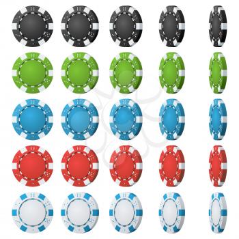 Poker Chips Vector. 3D Realistic Set. Colored Poker Game Chips Sign Isolated On White Background. Flip Different Angles. White, Red, Black, Blue, Green Casino Chips Illustration.