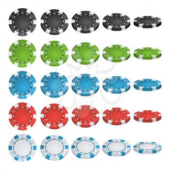 Poker Chips Vector. Flip Different Angles. Set Classic Colored Poker Chips Icon Isolated On White. White, Red, Black, Blue, Green Casino Chips Illustration.