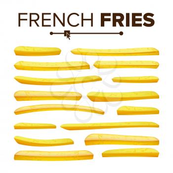 Realistic French Fries Vector. Tasty Fast Food Potato Icons. Classic American Stick Breakfast. Design Element. Isolated On White Background Illustration