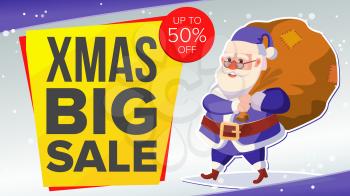 Big Christmas Sale Banner With Happy Santa Claus. Vector. Holidays Sale Announcement. Business Advertising Illustration. Design For Web, Flyer, Xmas Card, Advertising.