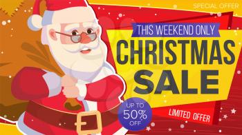 Big Christmas Sale Banner With Happy Santa Claus. Vector. Sale background. Business Advertising Illustration. Design For Web, Flyer, Xmas Card, Advertising.