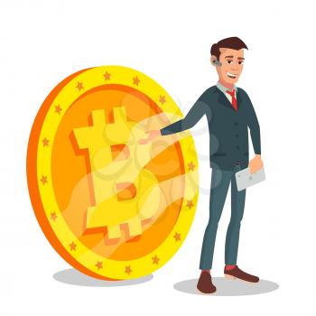 Businessman Standing With Big Bitcoin Sign Vector. Digital Money. Cryptocurrency Investment Concept. Isolated