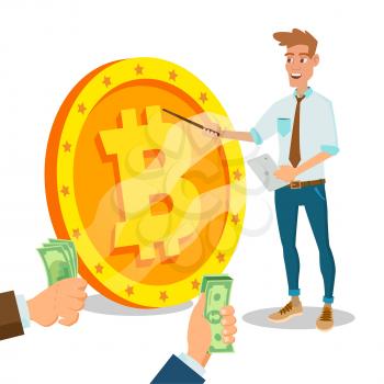 Bitcoin Innovative Start Up Vector. Monetization Project Idea Concept. Businessman With Big Bitcoin Sign. Isolated On White Cartoon Business Character