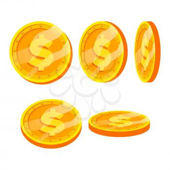 Dollar Gold Coins Sign Vector Set. Flat, Cartoon. Flip Different Angles. Currency Money. Investment Concept Illustration. Banking, Finance Coin Symbol. Dollar Currency