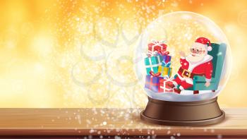 Christmas Card Vector. Snow Globe, Santa Claus, Gifts. Holidays Xmas Greeting Design Template. New Year Design Template Illustration