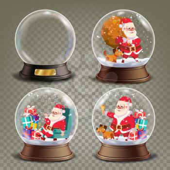 Christmas 3d Classic Xmas Snow Globe Vector. Cartoon Santa Claus With Gifts. Glass Sphere With Glares And Gighlights. Isolated On Transparent Background Illustration