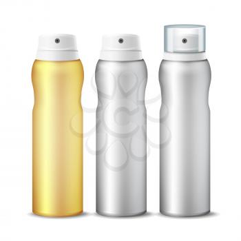 Spray Can Vector. Clean 3D Bottle Can Spray. Branding Design. Deodorant With Lid And Without. Isolated Illustration