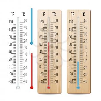 Thermometer Vector. Outdoor, Indoor Alcohol Thermometers Set. Isolated Illustration