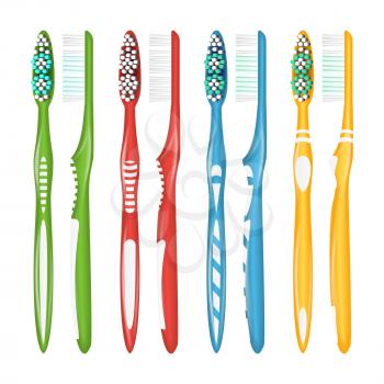 Toothbrush Set Vector. Realistic Plastic Toothbrushes. Different Colors. Top View. Isolated
