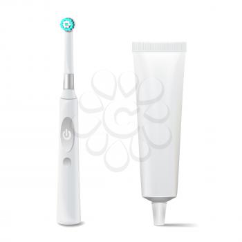 Electric Toothbrush, Toothpaste Tube Vector. Realistic Classic Tooth Brush Mock Up For Branding Design. Isolated On White Illustration.