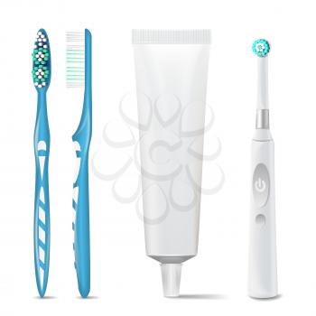 Plastic, Electric Toothbrush, Toothpaste Tube Vector. Mock Up For Branding Design. Isolated Dental Concept. Illustration.