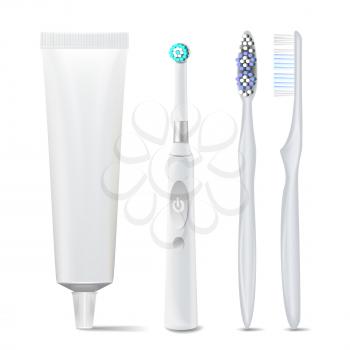 Toothpaste Tube, Plastic And Electric Toothbrush Vector. Mock Up For Branding Design. Isolated Dental Care Health, Hygiene Healthy Illustration.