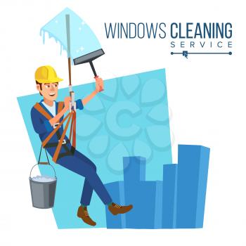Windows Cleaning Worker Vector. Professional Worker Cleaning Windows. Modern Skyscraper. High Risk Work. Isolated Flat Cartoon Character Illustration
