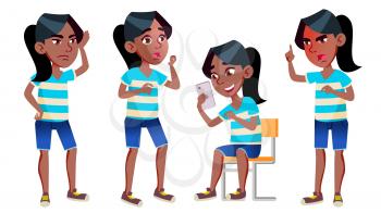 Girl Schoolgirl Kid Poses Set Vector. Black. Afro American. High School Child. Children Study. Knowledge, Learn, Lesson. For Presentation, Print, Invitation Design Isolated Cartoon Illustration