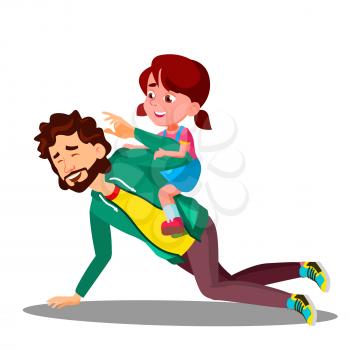Father Rolling On His Back A Small Daughter Vector. Illustration