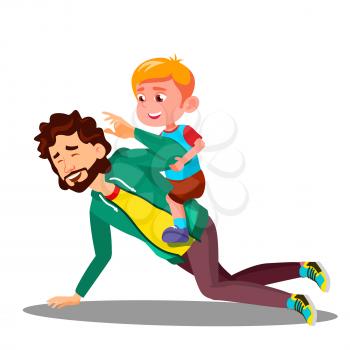 Father Rolling On His Back A Small Son Vector. Illustration