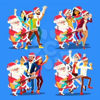 Santa Claus Dancing With Group Of People And Guitar In Hands. Christmas Party Vector Illustration