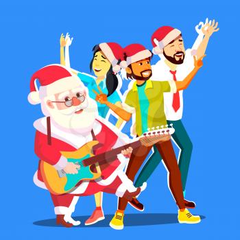 Santa Claus Dancing With Group Of People And Guitar In Hands. Having Fun At Corporate Office. Christmas Party Poster Vector Illustration