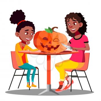 Mother And Daughter Making A Pumpkin For Halloween Vector. Halloween Illustration
