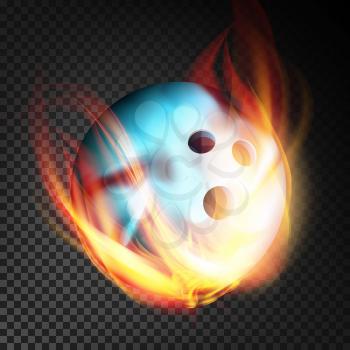 Bowling Ball In Fire Vector Realistic. Burning Bowling Ball. Transparent Background