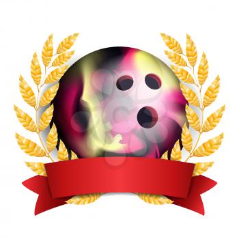 Bowing Award Vector. Sport Banner Background. Ball, Red Ribbon, Laurel Wreath. 3D Realistic Isolated
