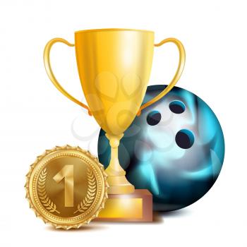 Bowing Award Vector. Sport Banner Background. Ball, Gold Winner Trophy Cup, Golden 1st Place Medal. 3D Realistic Isolated