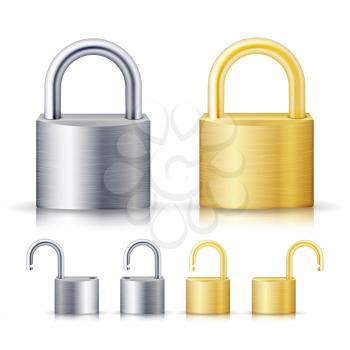 Locked And Unlocked Padlock Realistic Set Illustration. Gold And Steel. Security Concept. Metal Lock For Safety