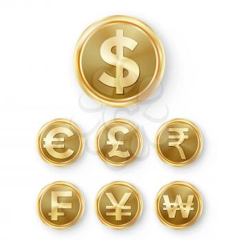 Gold Coins Set Vector. Realistic Money Sign. Dollar, Euro, GBP, Rupee, Franc Renminbi Yuan Won