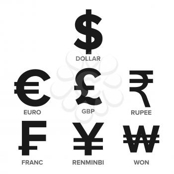 Currency Icon Set Vector. Money. Famous World Currency. Finance Illustration. Dollar, Euro, GBP Rupee Franc Renminbi Yuan Won