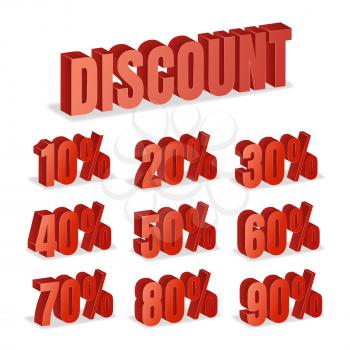Discount Numbers 3d Vector. Red Sale Percentage Icon Set In 3D Style Isolated On White